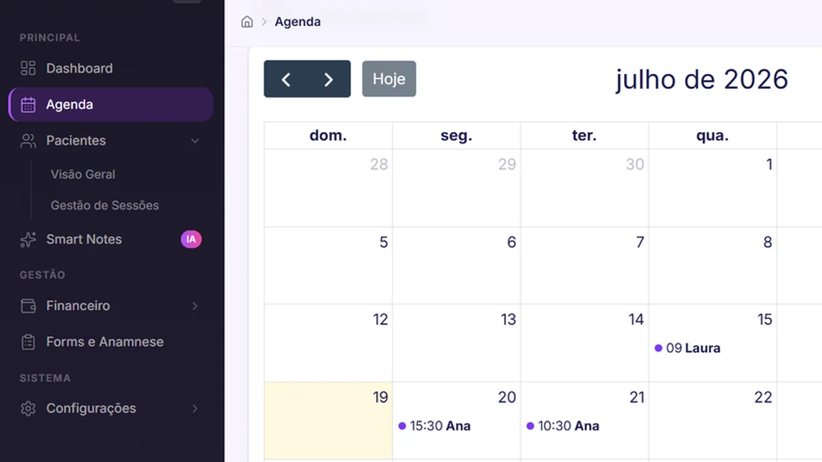 Tela da Agenda do ConnectPsi