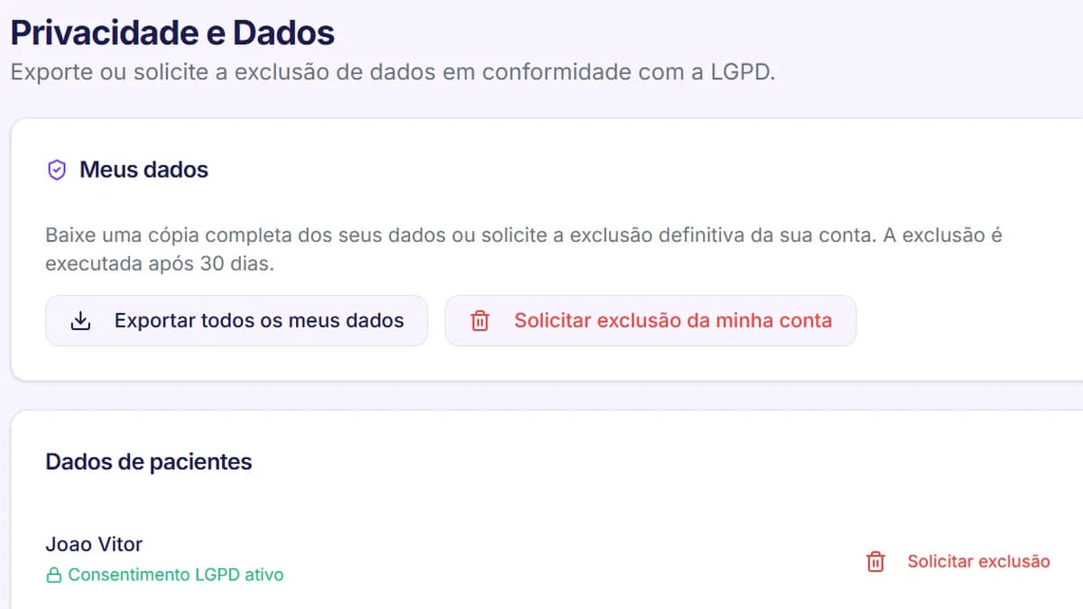 Tela de privacidade e LGPD do ConnectPsi