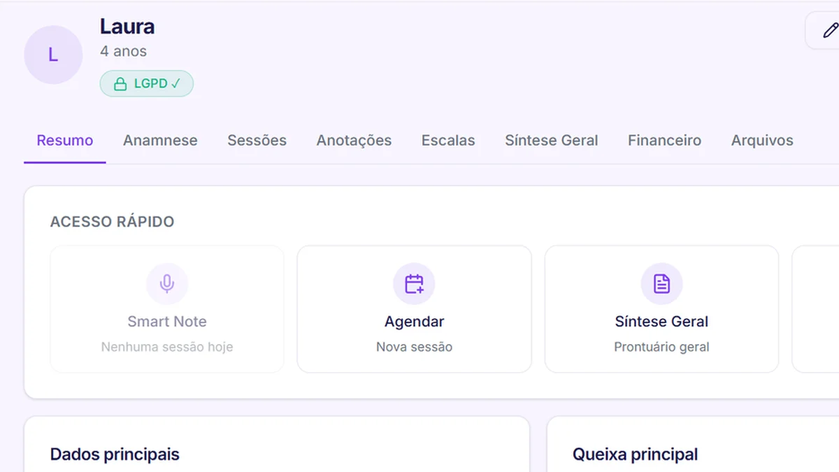 Tela de perfil do paciente no ConnectPsi
