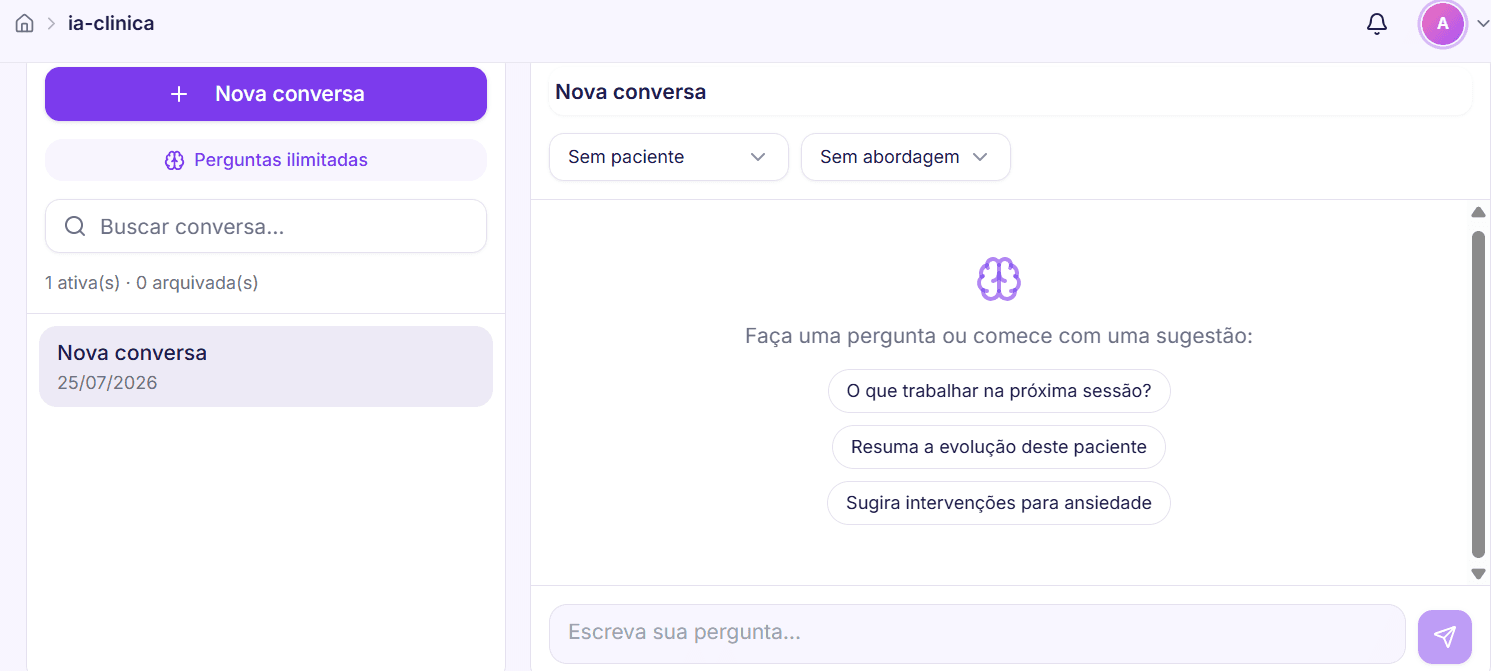Tela da IA Clínica do ConnectPsi: assistente conversacional para a psicóloga